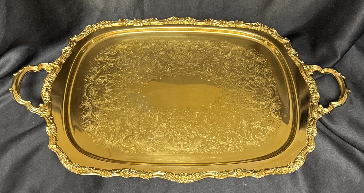 International Silver Large 24k Gold-Plated Tray, Footed, 25”x15”, 7+lbs, 1972
