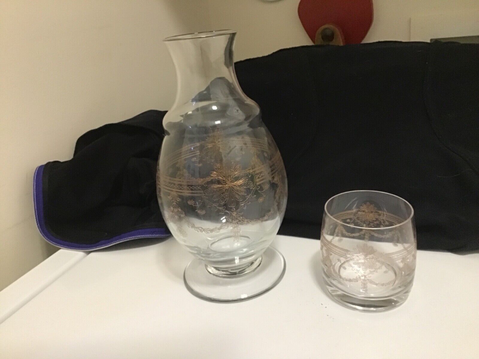 Vintage GlassBedside Water Carafe &Glass Etchrd Tumble Up