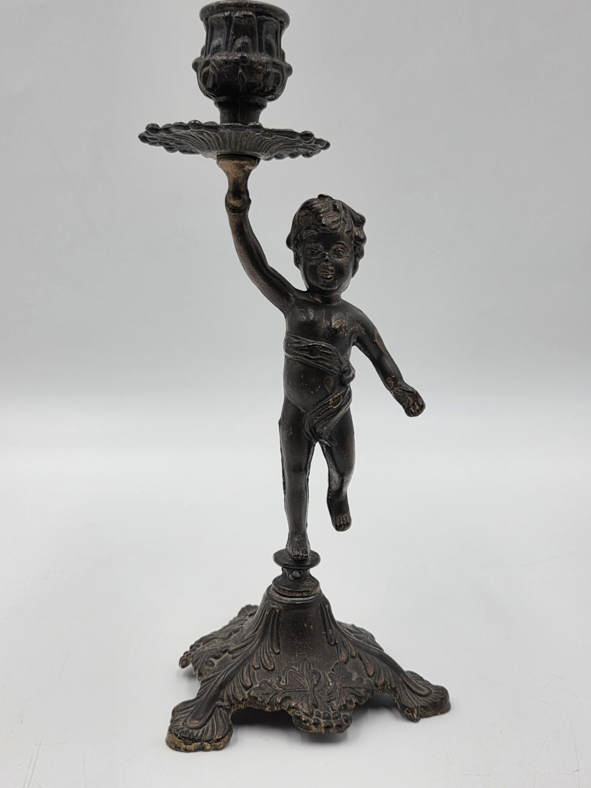 Rare Antique Bronze Brass Putto Cherub Figural Candlestick Rococo 8.5\