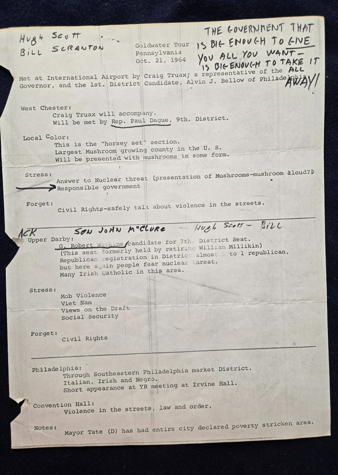 Original Barry Goldwater 1964 Campaign Briefing Memo for Pennsylvania Tour