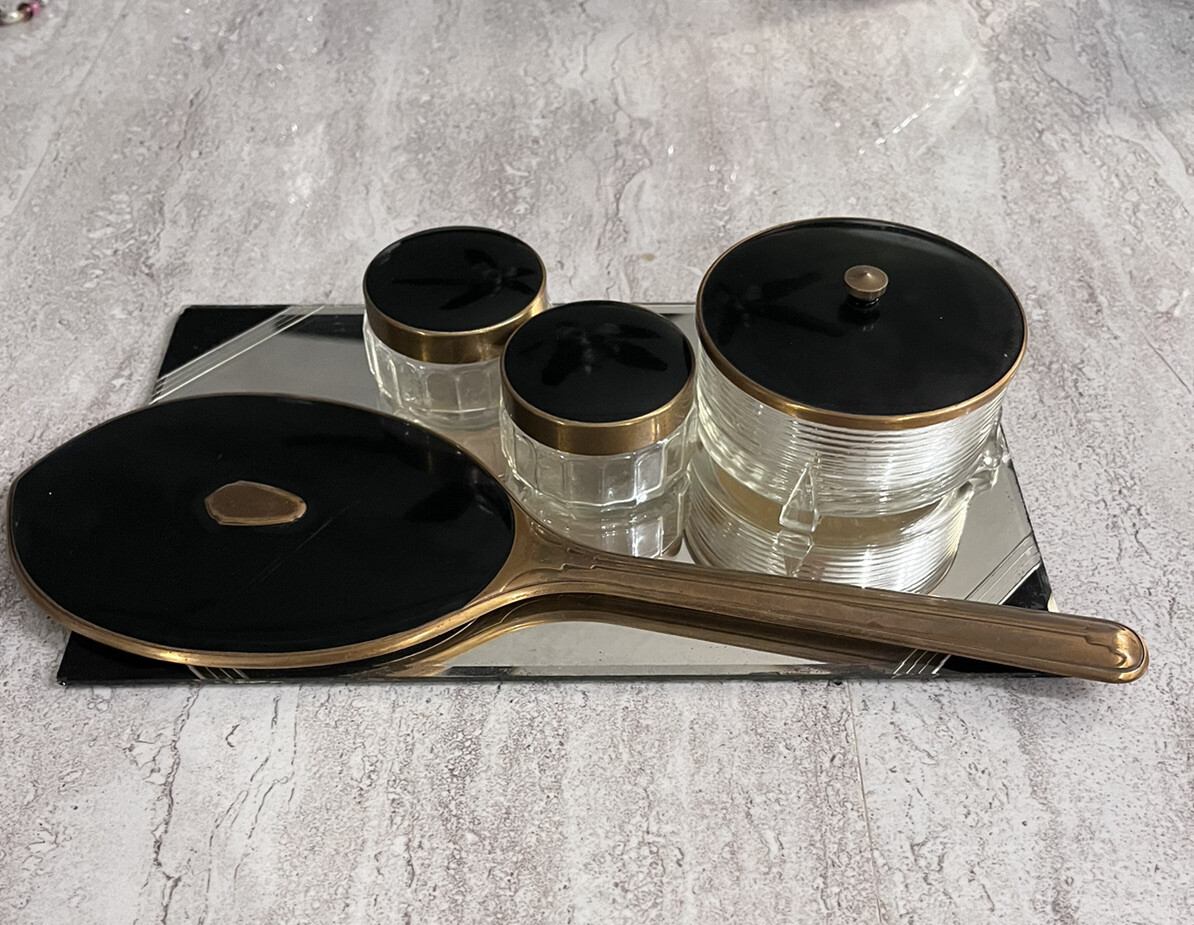 5 Piece Vintage Dresser Set Powder Jar, 2 Cream Jars, Hand Mirror Display Tray
