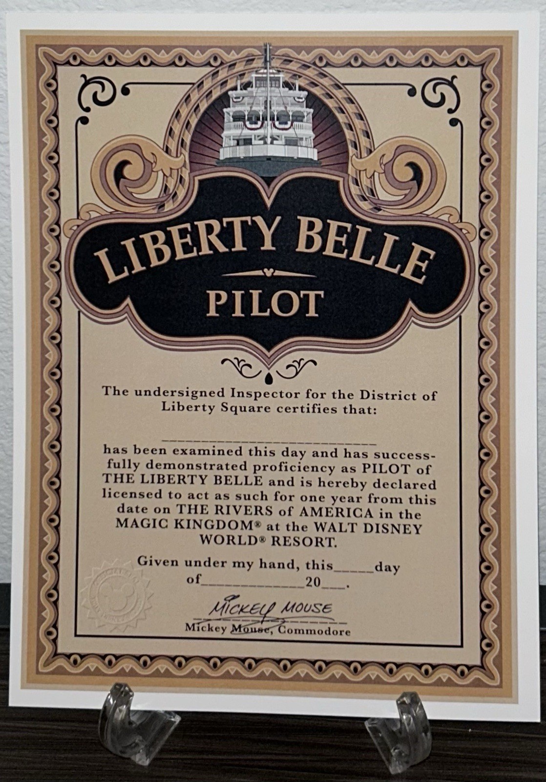 Walt Disney World Liberty Belle Pilot License Last Day of Service Blank
