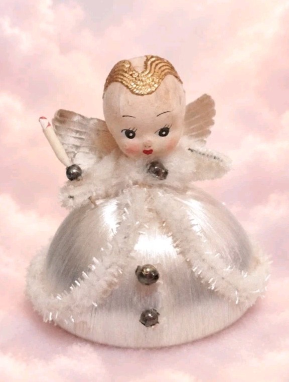 Vtg White Spun Satin Angel Ornament-Hand Painted Face-Feather Hair-Glass Beads Vtg White Spun Satin Angel Ornament-Hand Painted Face-Feather Hair-Glass Beads