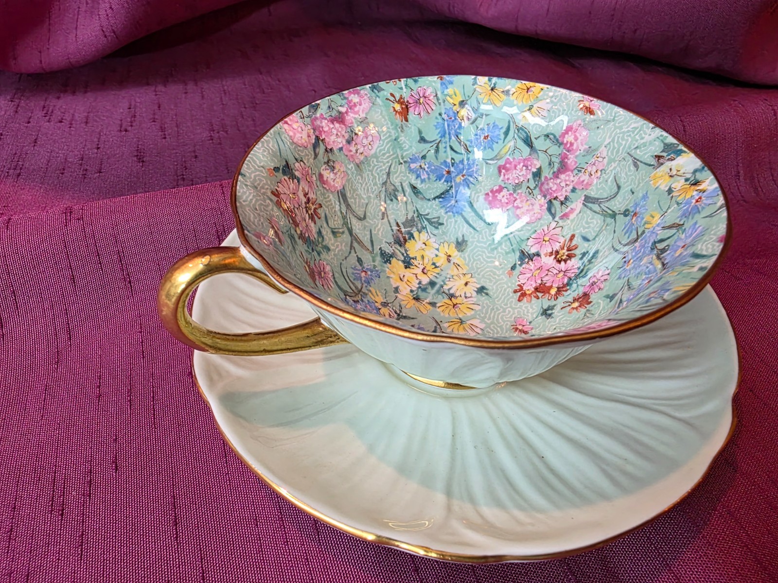 Display Only Vintage Shelley Melody Chintz Teacup and Saucer Oleander Shape Mint