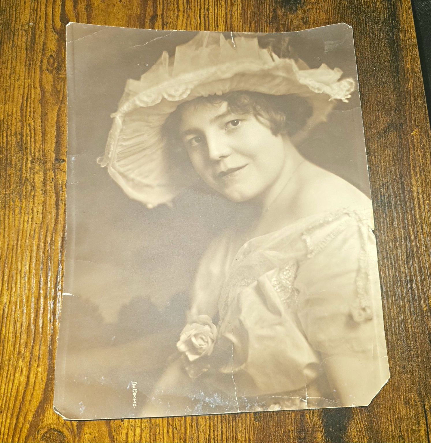 Antique Sepia Photo Beautiful Edwardian Woman Large Hat Signed W De Gaston 11x9