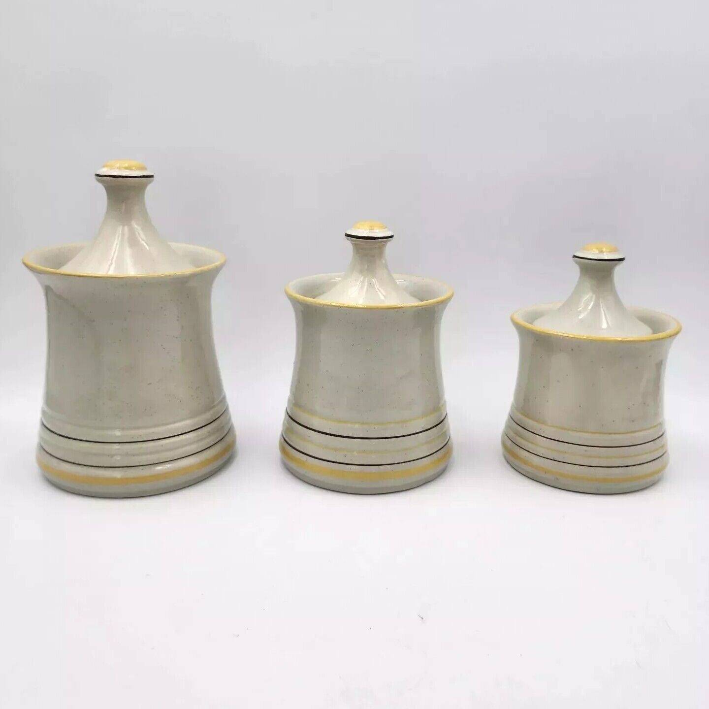 Vintage Whimsical  6 Pc Stoneware China 3 Canister Set Yellow & Brown Stripes 
