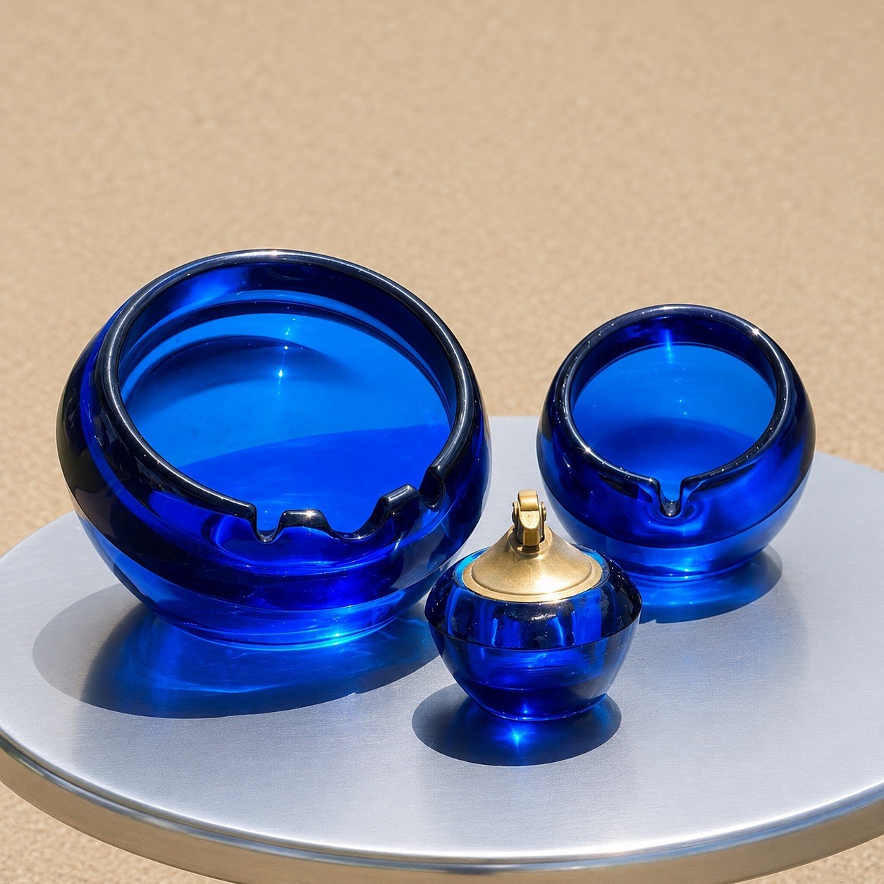 Viking Epic Cobalt Bluenique Glass 3-Piece Set: Two Ashtrays & Lighter