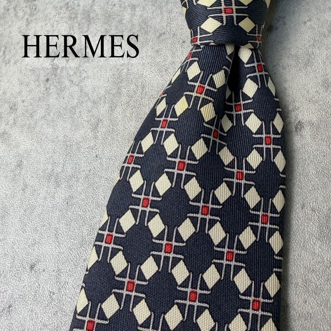 HERMES Polka Dot/plaid Tie, Navy