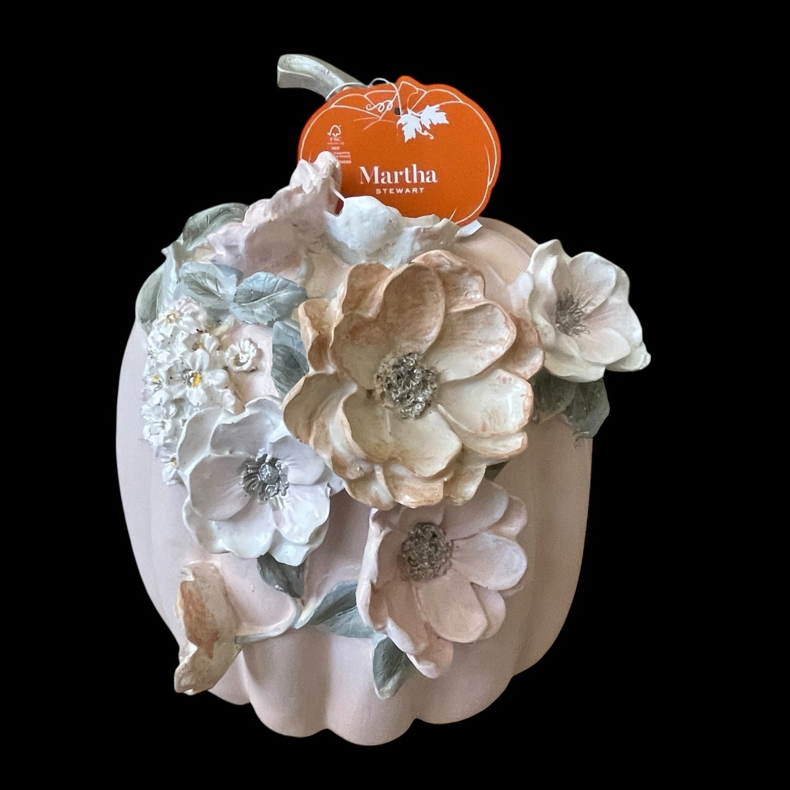 Martha Stewart Floral Embellished Pumpkin 10in Pastel Pink Resin Fall Decor NEW