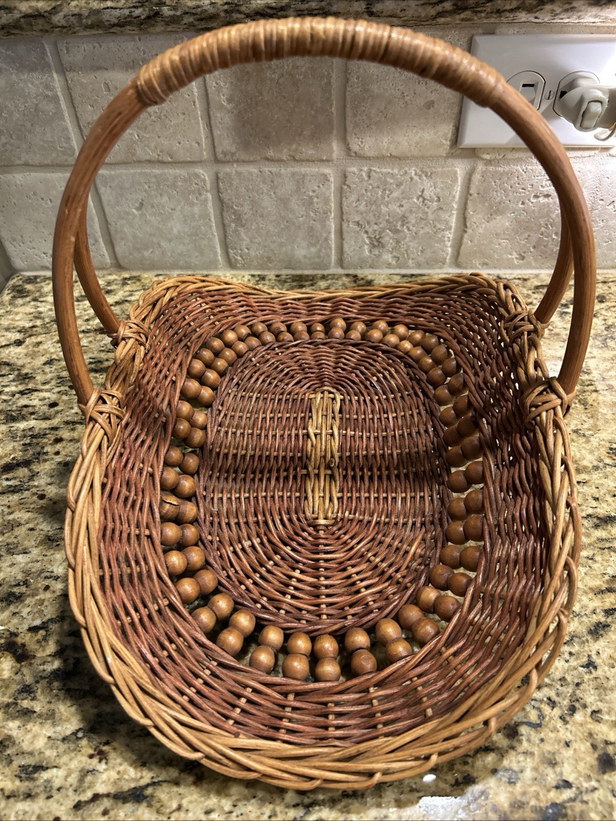 Vintage Wicker Rattan Foraging Basket Wooden Beads Reinforced Bottom
