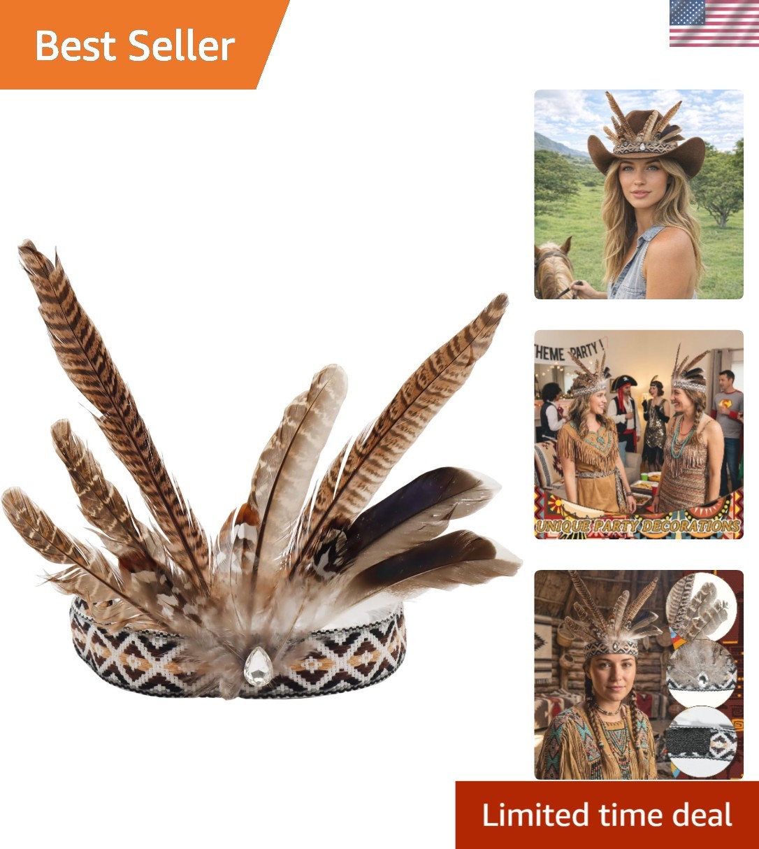 Exquisite Native American Feather Headband - Unisex Costume Accessory