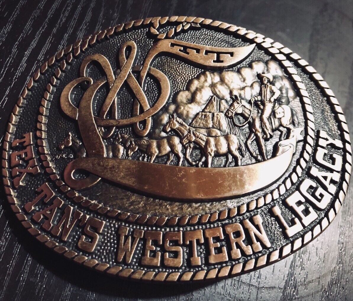 Vintage Tex Tans Western Legacy Double t Solid  Brass Belt Buckle