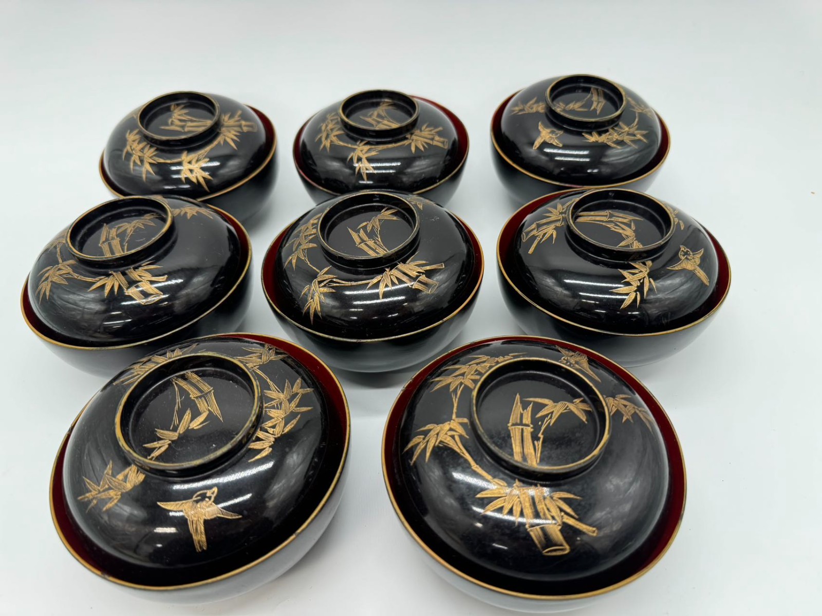 Japanese Vintage Wajima Lacquer Bowls Set of 8 – Gold Bamboo