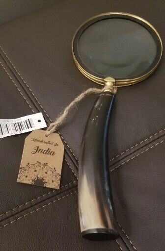HAND CRAFTED Vintage Magnifying Glass Ornate Horn Handle Recycled Bone Gold 