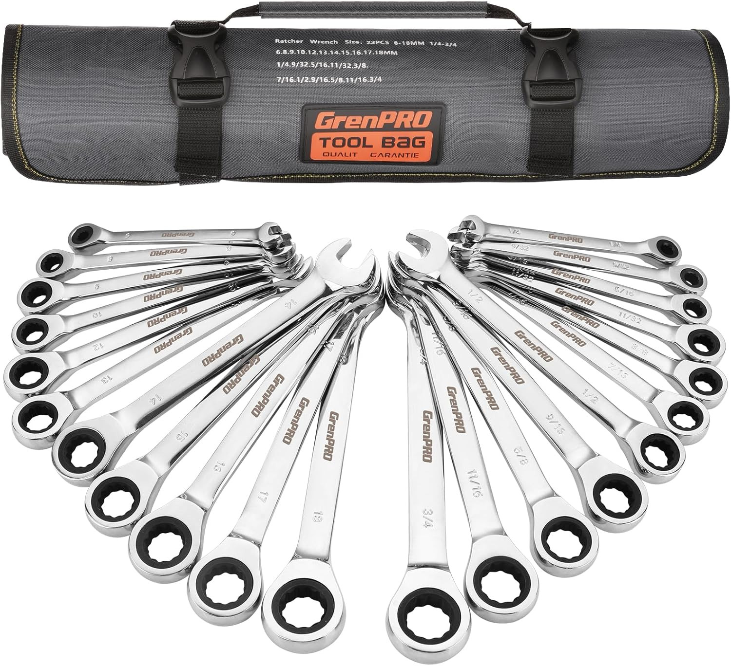 22-Piece Ratcheting Wrench Set, SAE & Metric, Organizer Pouch