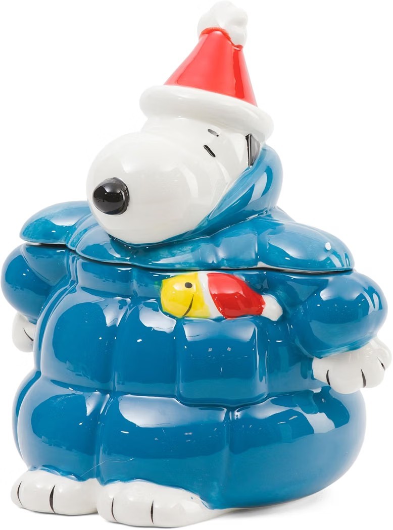 Peanuts Snoopy Woodstock Ceramic Blue Puffer Jacket Cookie Jar Canister, New