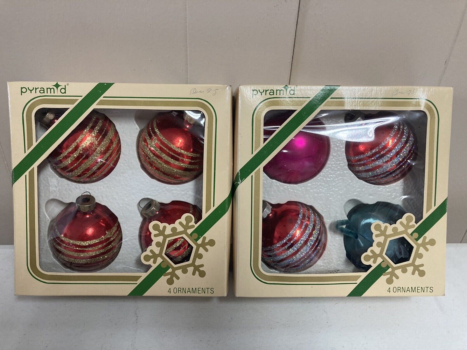 Vintage Pyramid Decorative Satin Sheen Christmas Ornaments 2 Boxes Made In USA