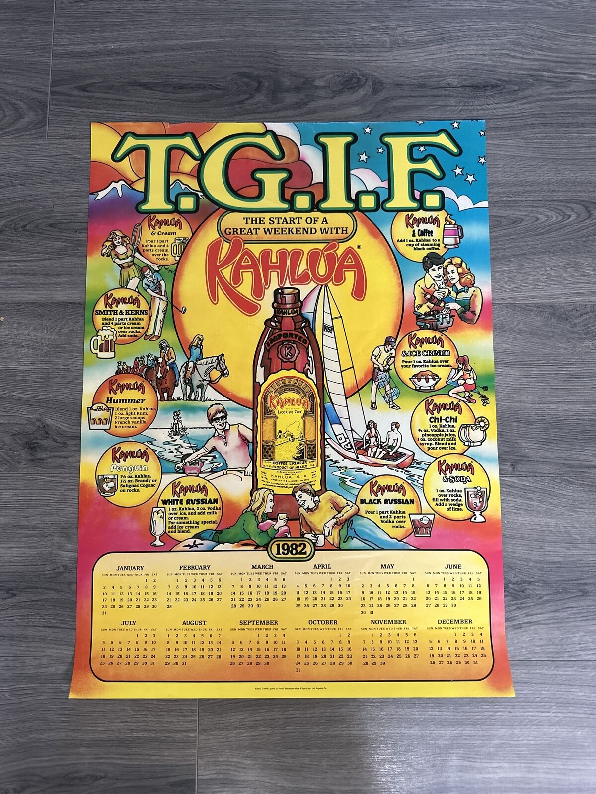 KAHLUA Liquor VINTAGE AD Poster Calendar 1982 T.G.I.F. 19” X  26.5”