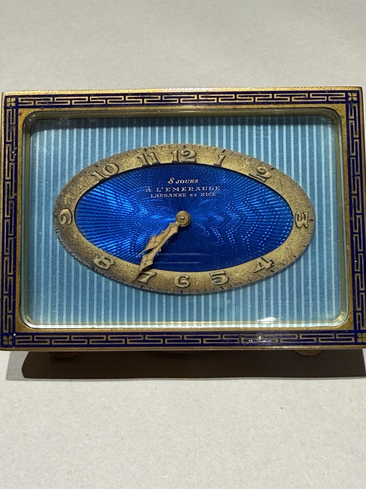 Art Deco 8 Day Clock Blue Guilloche Enamel A L’Emeraude Lausanne & Nice Antique