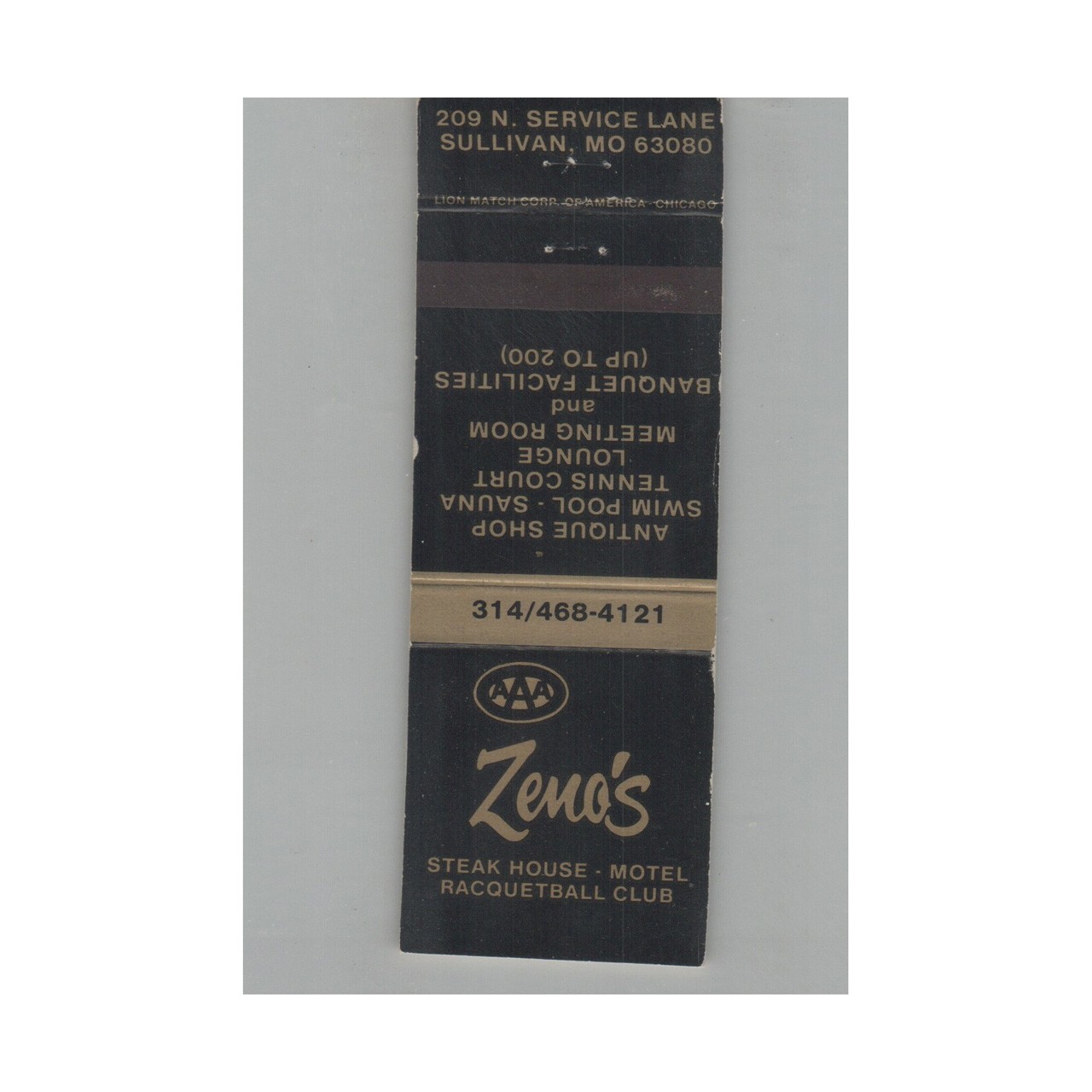 Matchbook Cover Zeno's Steak House Motel Racquetball Club Sullivan MO