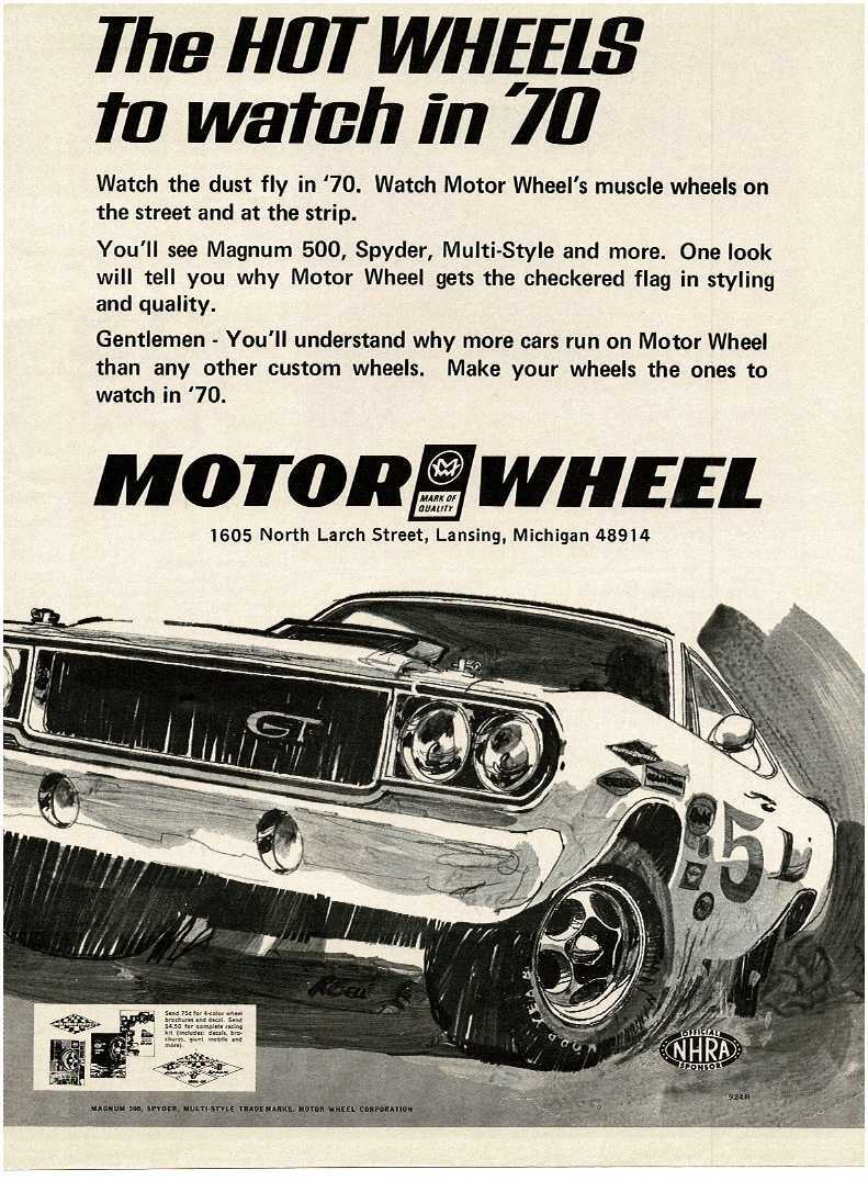 1970 MOTOR WHEEL Custom Wheels Muscle Car art by R. Bell Vintage Ad