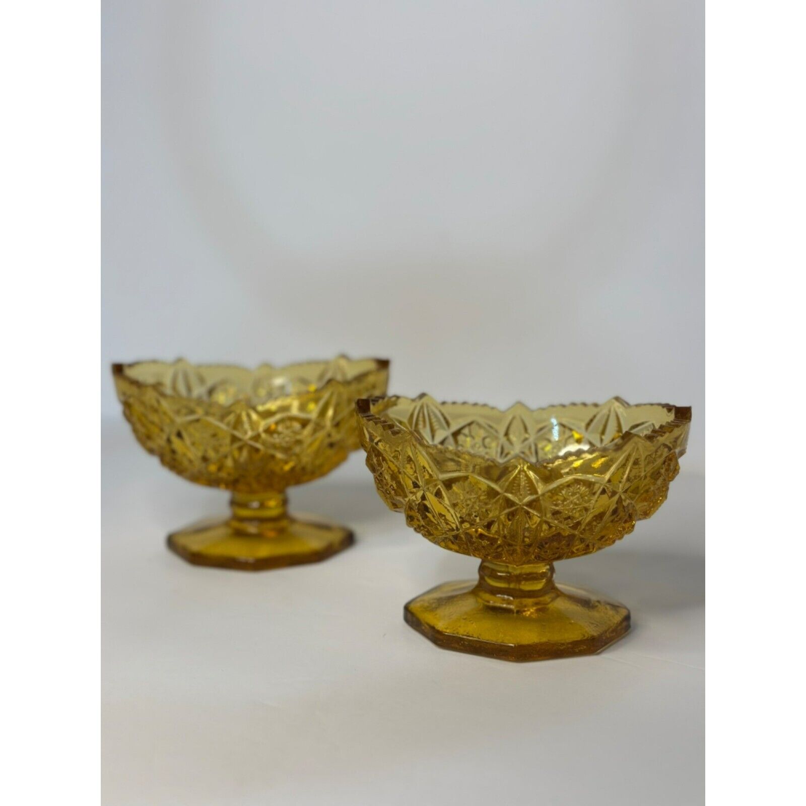 VTG Kemple Wheaton Amber Glass Candle Holder 1960\'s Pair Set Toltec Pattern