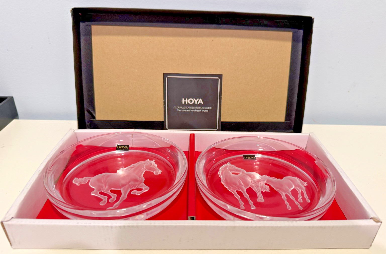 Vintage HOYA Crystal Horse Wine Coaster Set of 2 NIB Signed Intaglio MatchedPair