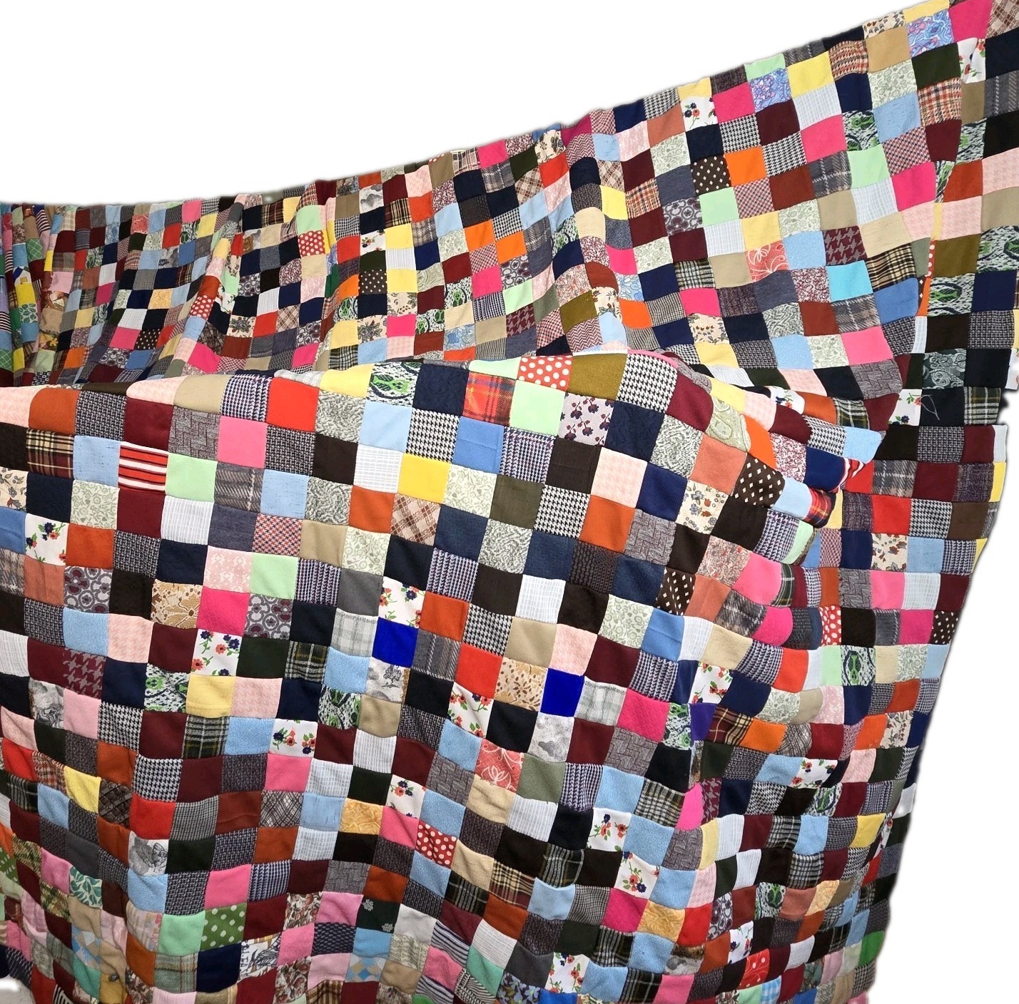 Vintage 1976 Handmade Postage Stamp Patchwork Quilt Massive King Size 100 x 110\