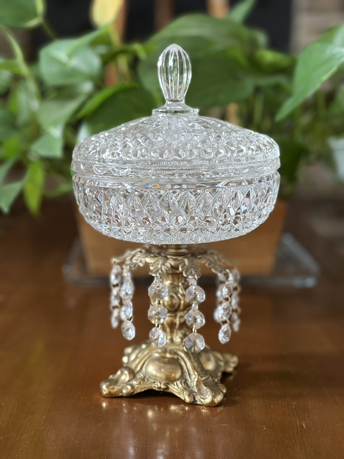 Vintage Hollywood Regency Crystal Lidded Candy Dish Brass Pedestal Prisms Bowl