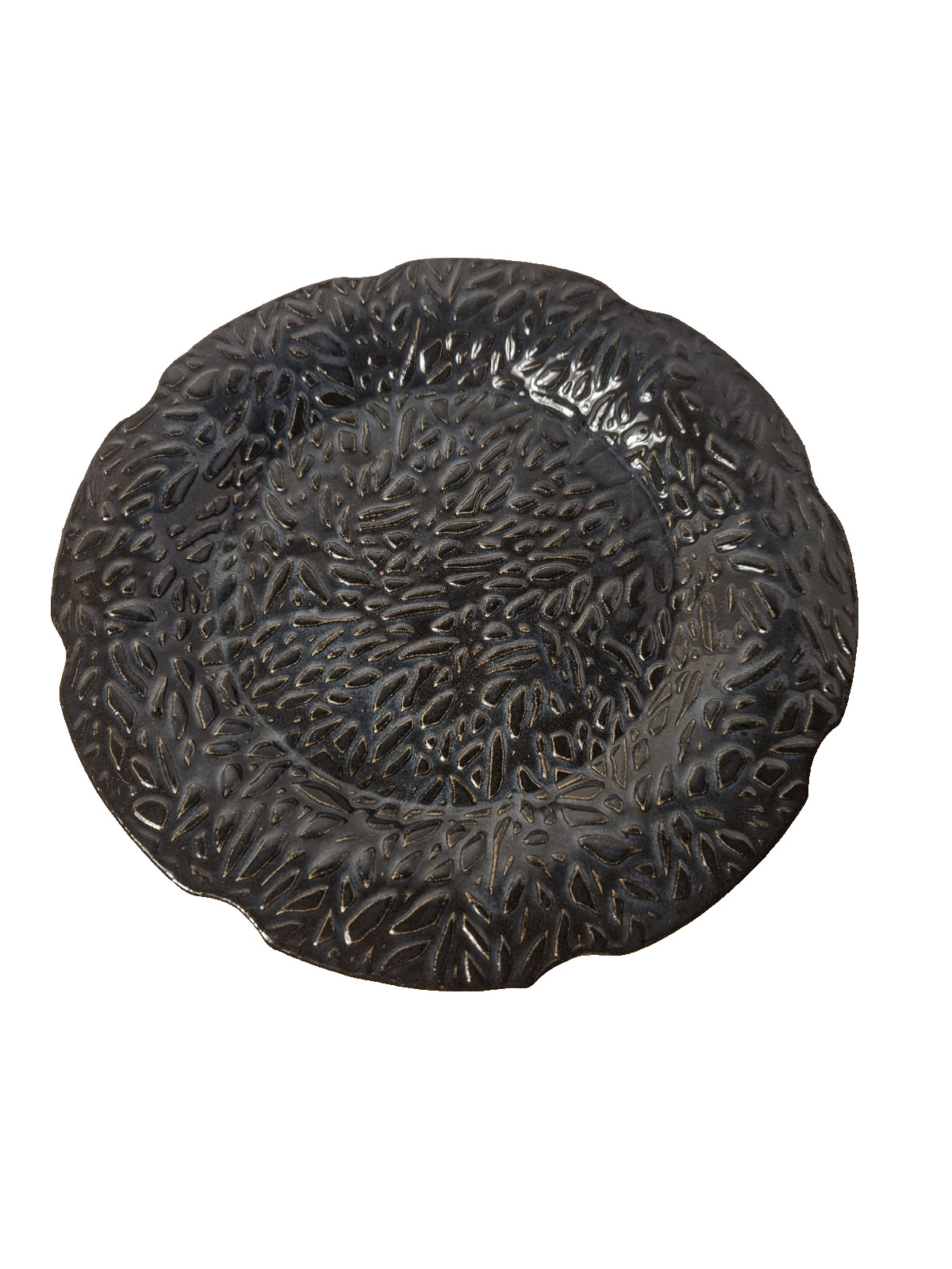 Signed Studio Art Pottery Black Ceramic Plate Bowl Textured Leaf Design 9.5 \