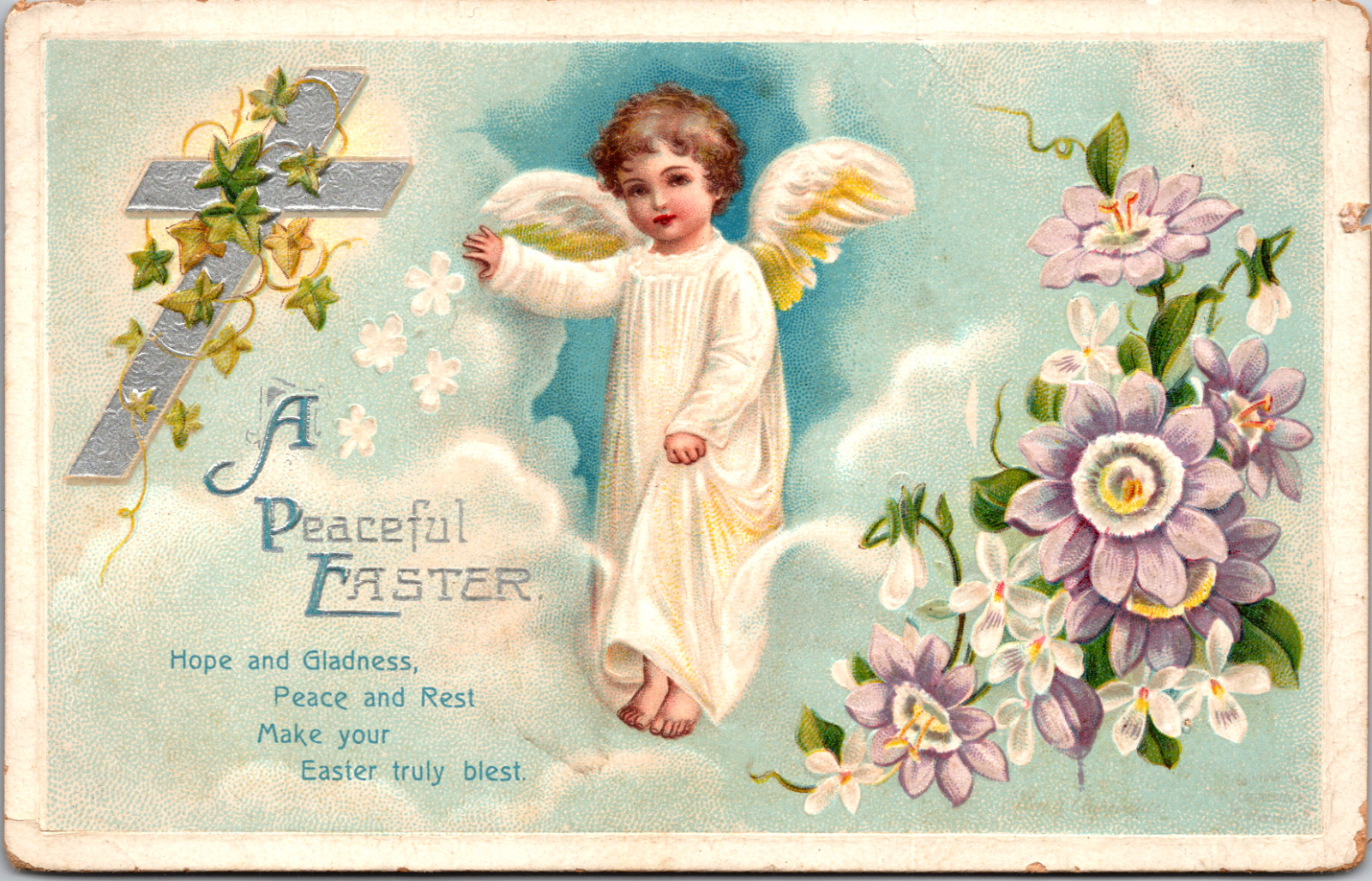 Postcard A Peaceful Easter Angel in Clouds Flowers Cross Embossed