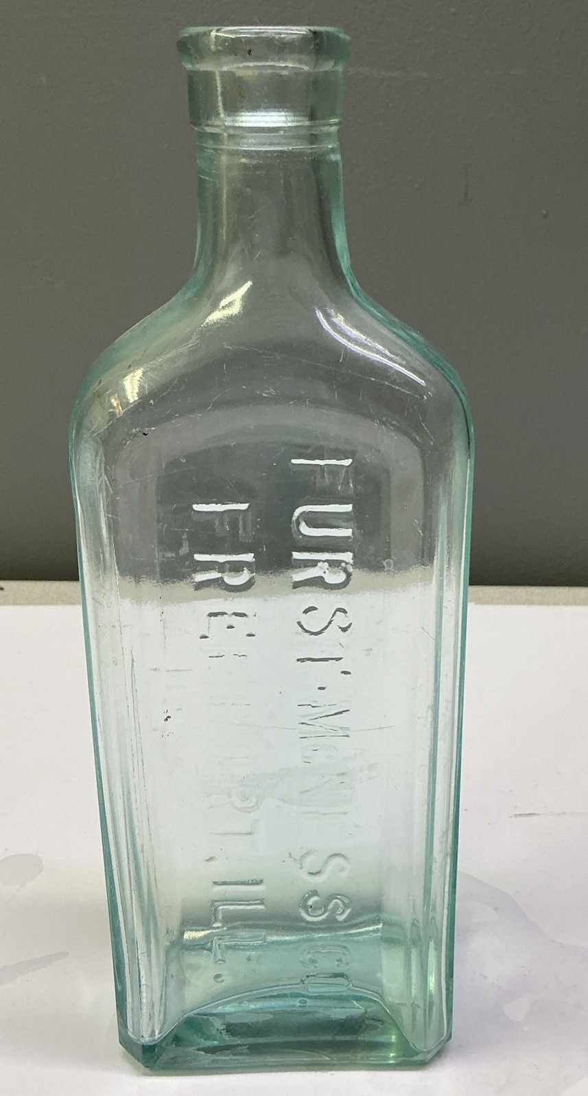 Vintage FURST-McNESS Co. FREEPORT, ILL. Aqua Blue Glass Medicine Bottle