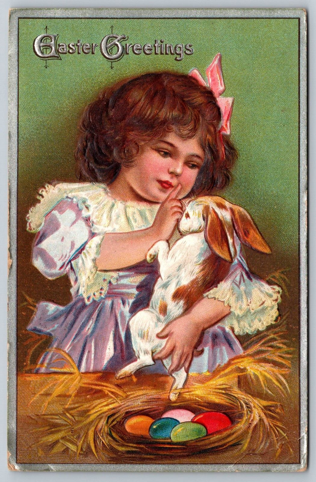 Easter Victorian Girl Holding Rabbit Nest W/ Easter Eggs Postcard Ser. # 12