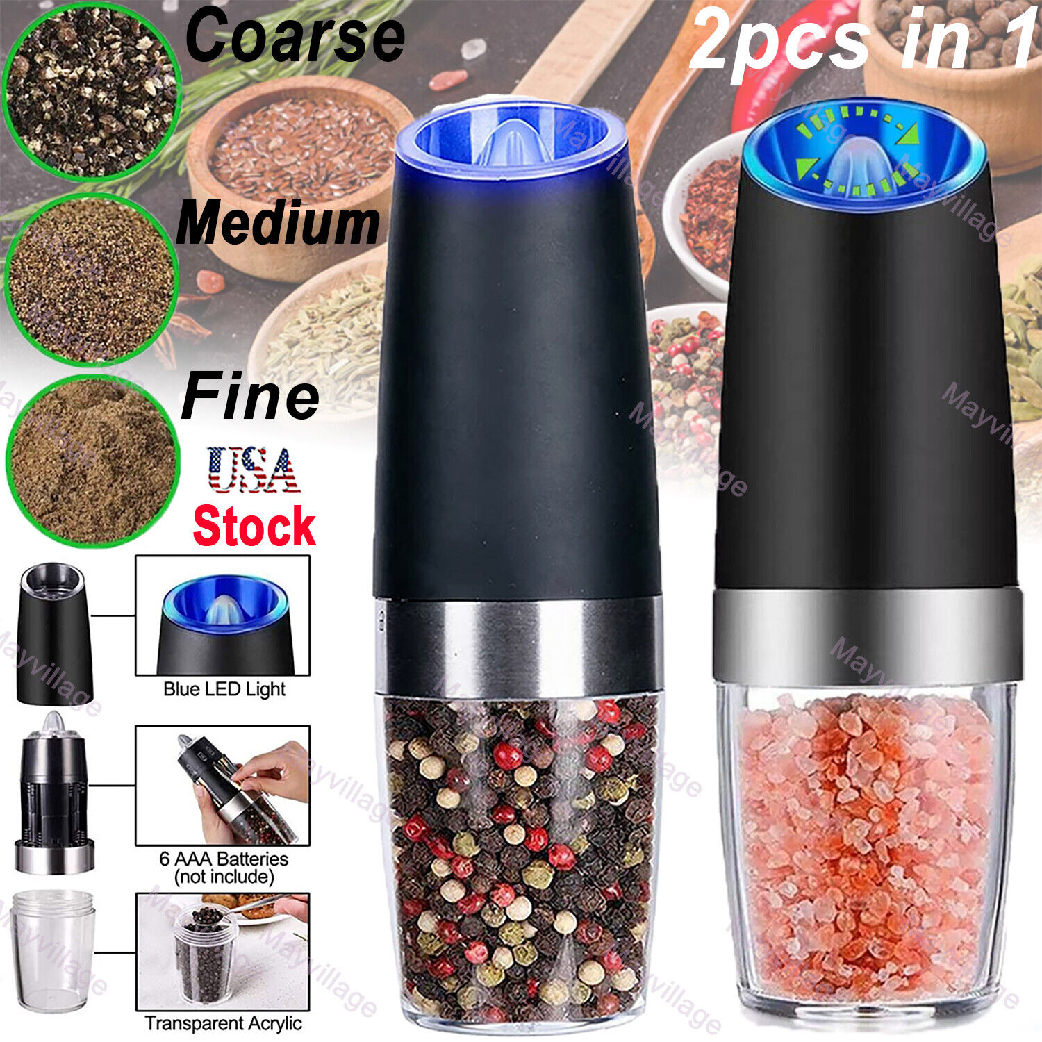 2 pcs Gravity Electric Salt and Pepper Grinder Mill Shakers Adjustable Automatic