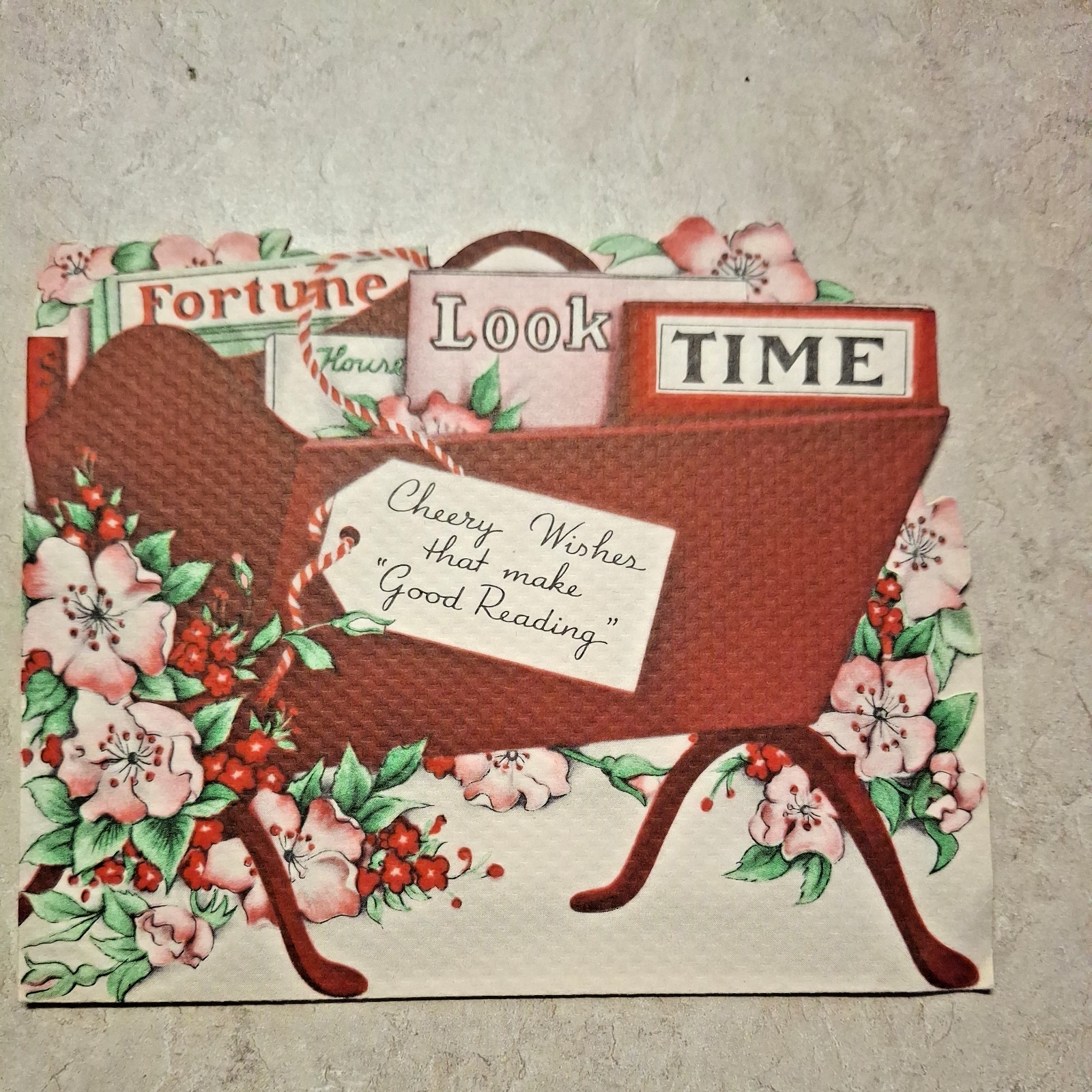 Vintage Cheery Wishes die cut Get Well Mag Basket of Wishes Greeting Card