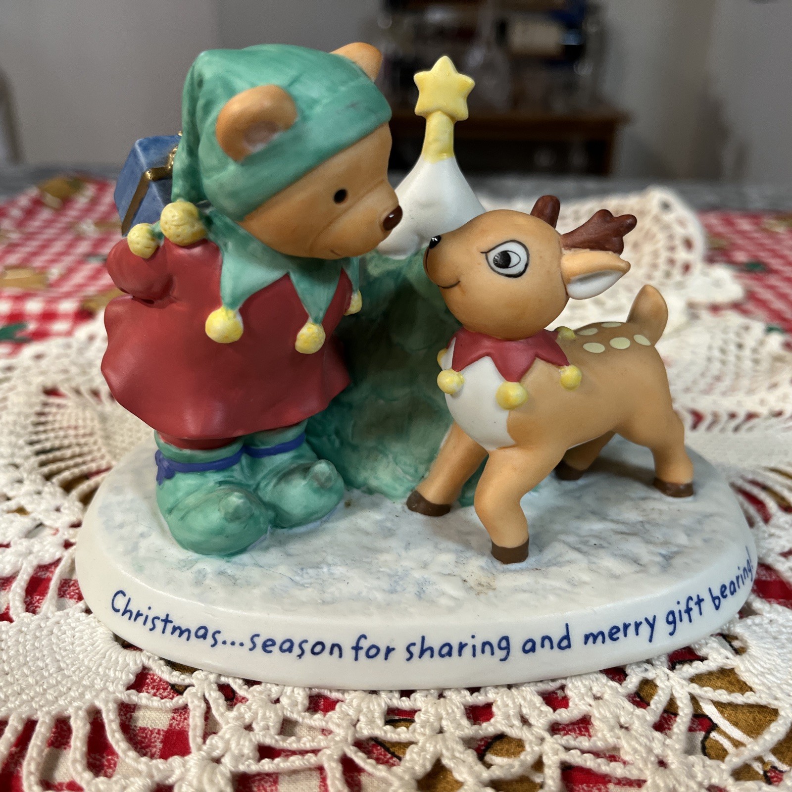 Christmas porcelain figurine bear hiding present for reindeer Hallmark MAX8163