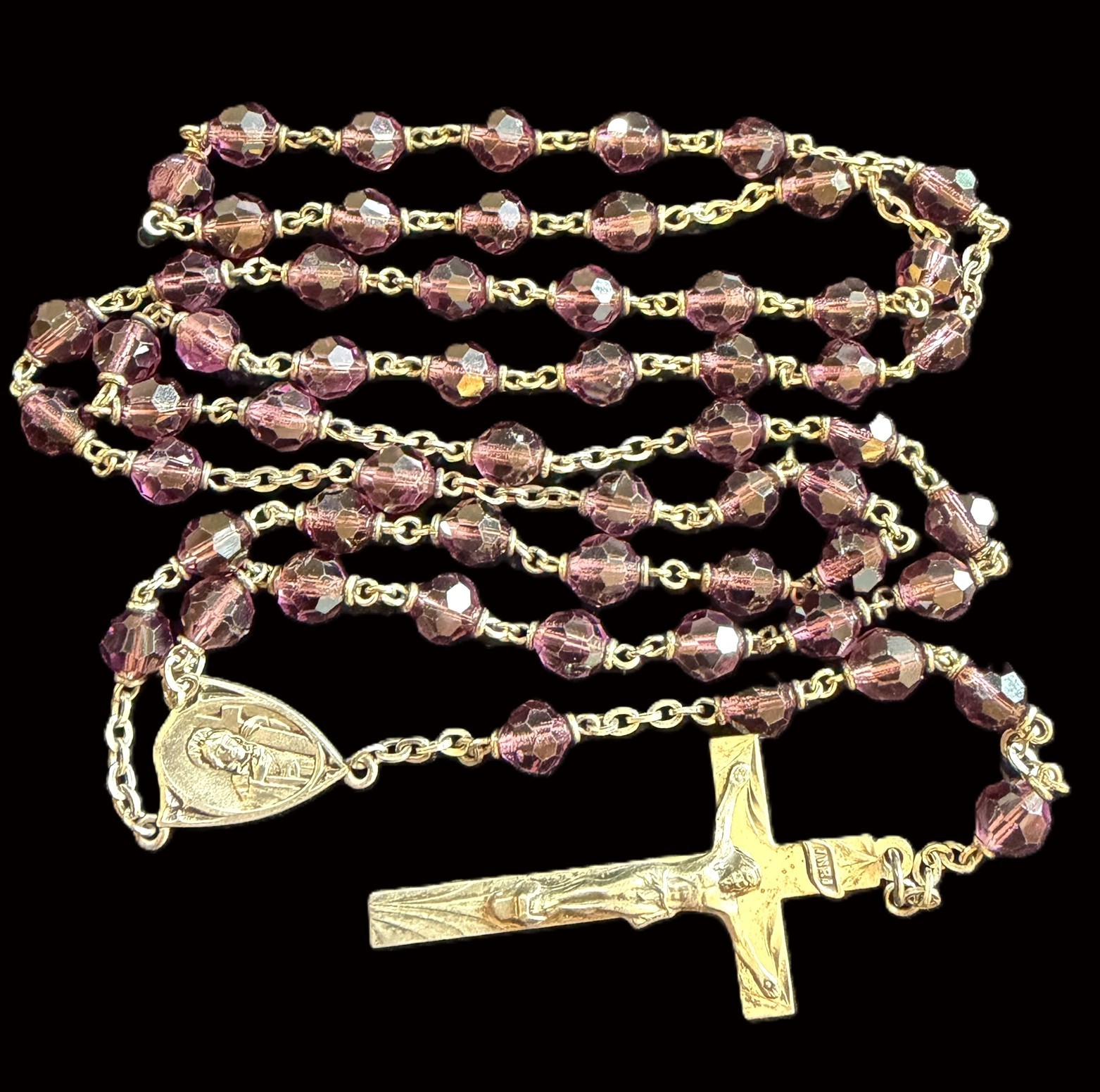 Vintage Amethyst Purple Lampwork Glass Bead 22.5 Inch Sterling Silver Rosary