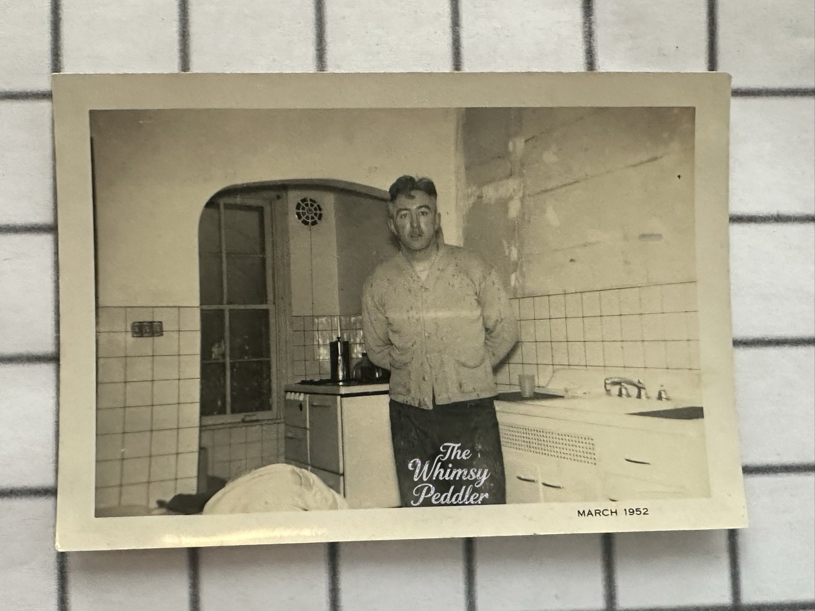 1952 Workman in Vintage Kitchen Paint-Spattered Clothes Reading PA Photo