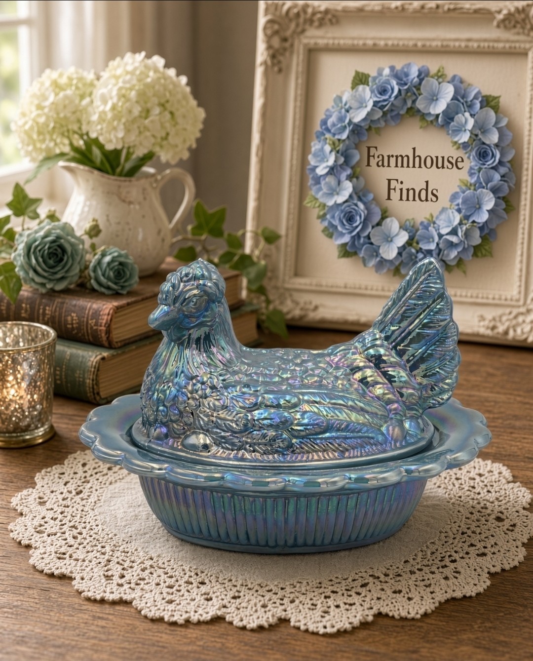 Mosser Georgia Blue Carnival Glass Hen on Nest Covered Dish Limited New