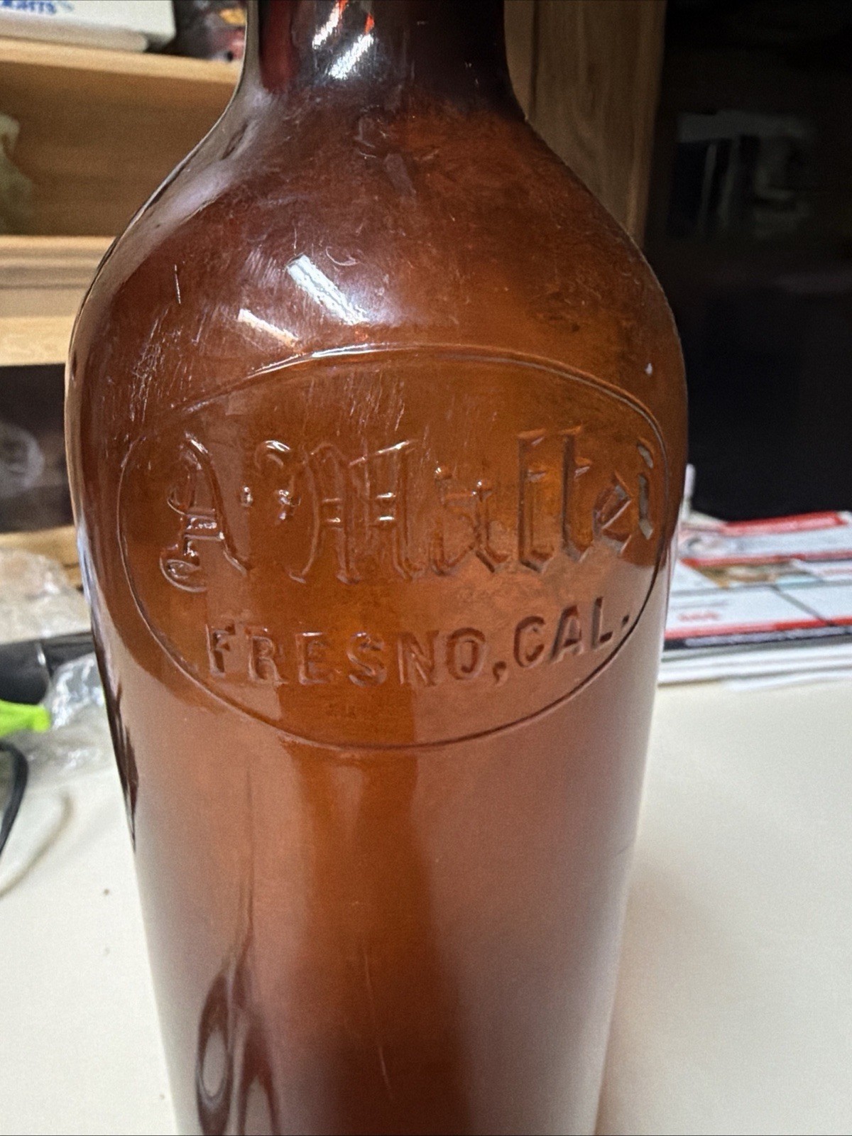 Vintage A. Mattei Fresno CA Amber Glass 1/2 Gallon Embossed Bottle