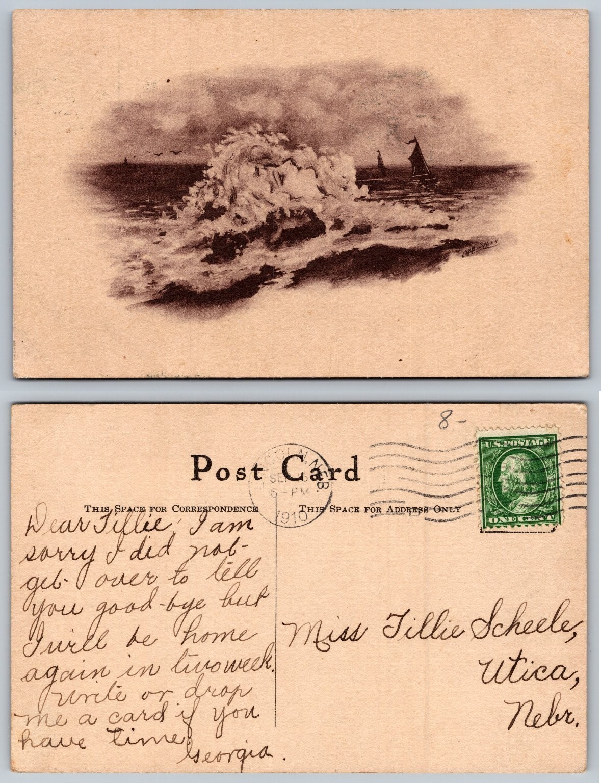 1910 O.P. Shinn Ocean Waves Sailboats Postcard Posted Colton CA to Utica NE