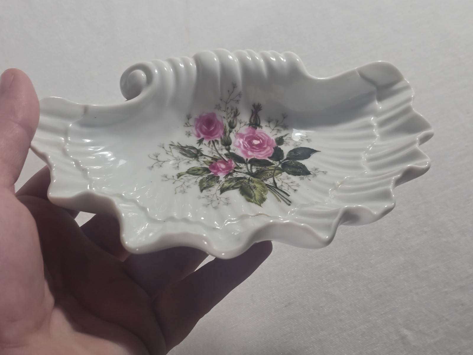 Leftons Japan Scalloped Paint Rose Trinket Dish Porcelain Vanity Jewelry Vintage