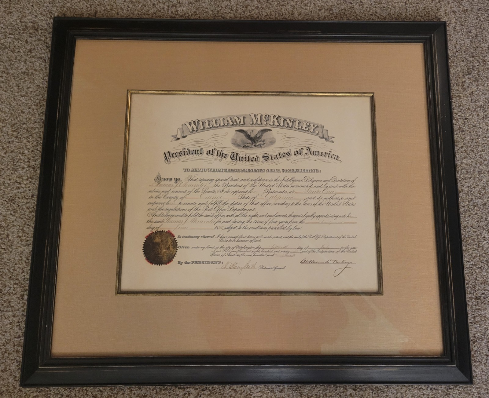 PRESIDENT William McKinley 1898 Signed Autographed Document FRAMED POST OFFICE PRESIDENT William McKinley 1898 Signed Autographed Document FRAMED POST OFFICE