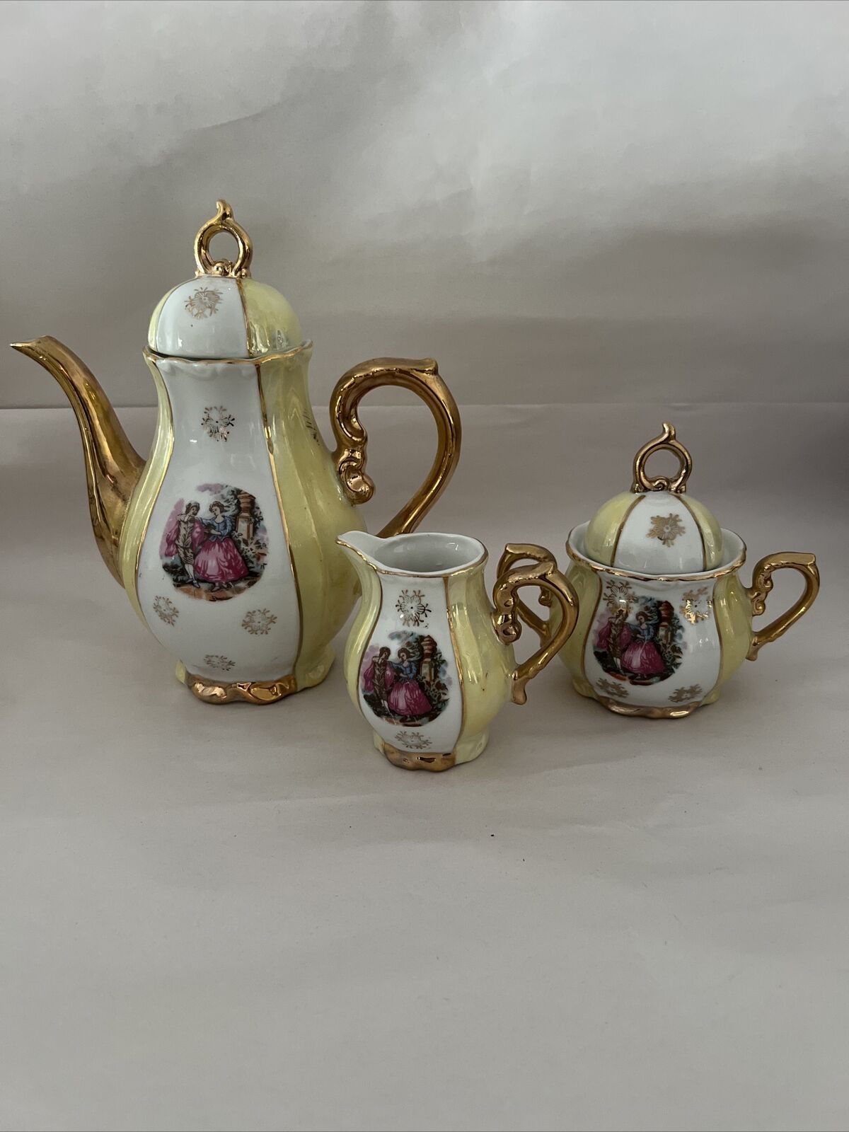 Vintage Demitasse Tea Pot Sugar/creamer Set Lusterware Victorian Couple