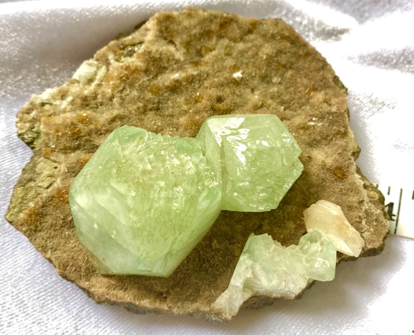 Fluorapophyllite (Green Apophyllite) Crystal Cluster w/ Stilbite Wagholi India