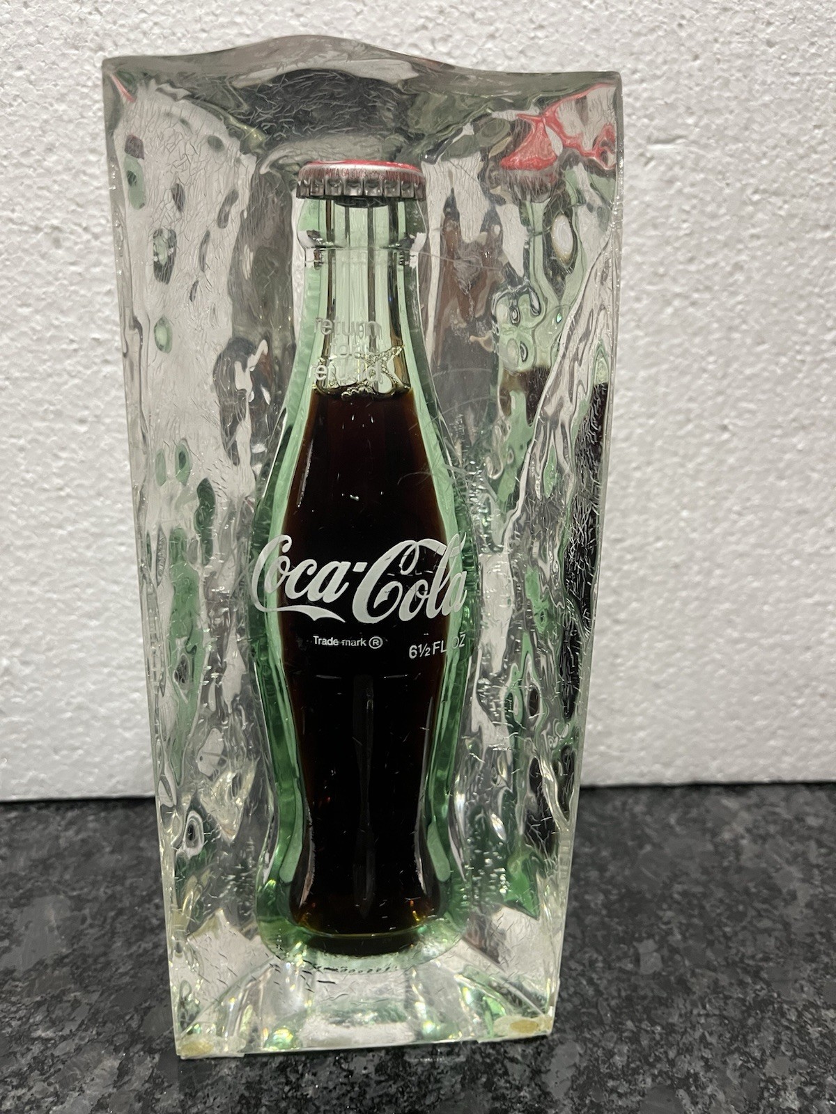 Vintage Coca-Cola 6.5 Oz Bottle Encased in Lucite Acrylic Paperweight 9” Tall