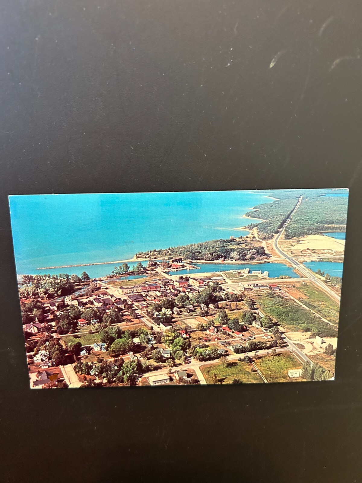 Elk Rapids Michigan aerial view hwy 31 going North 1965 postcard