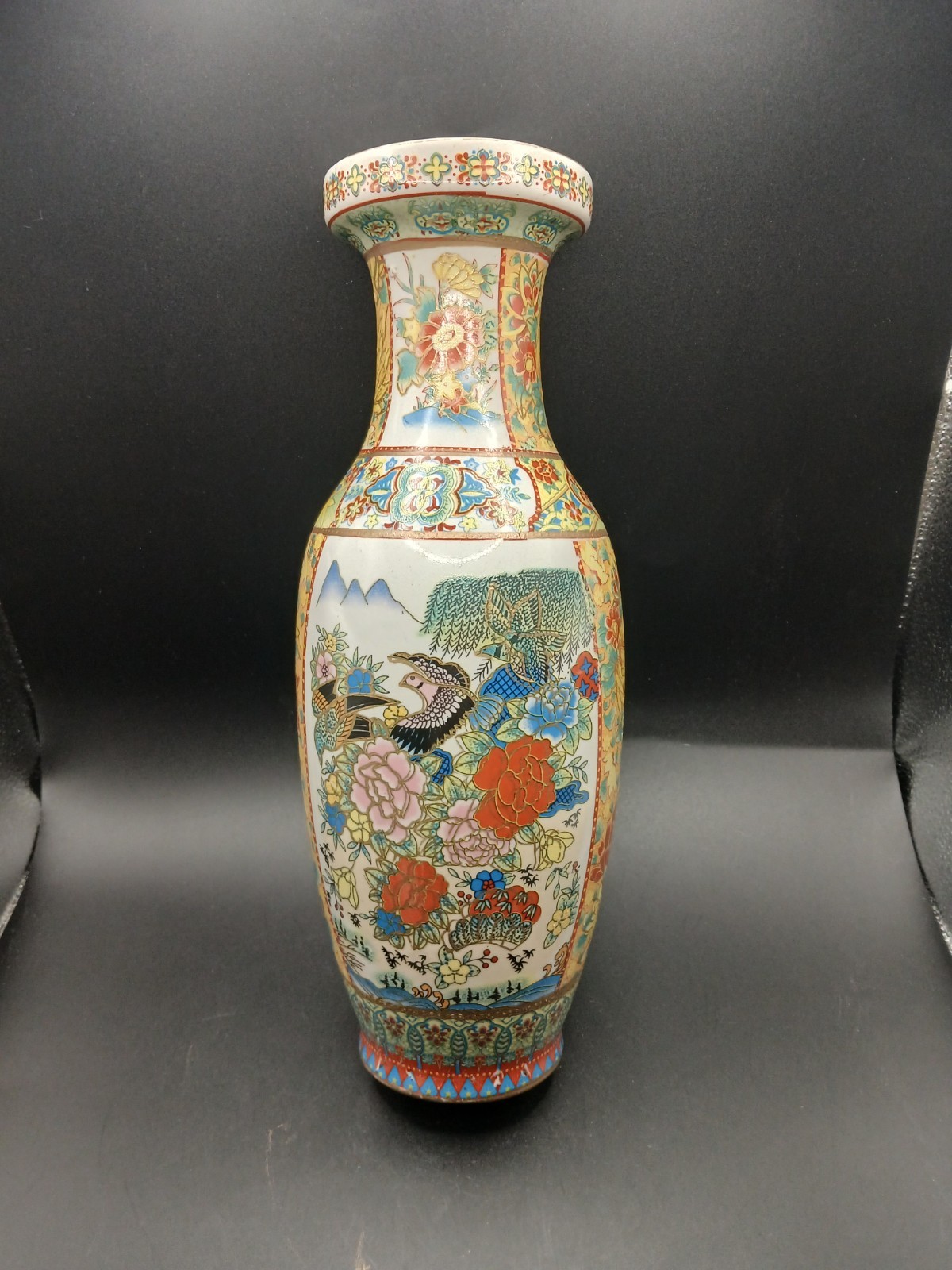 Chinese Handpainted Floral Birds Vase With Gold Trim