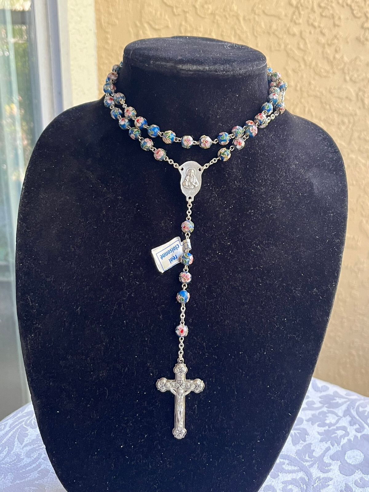 Authentic Blue Cloisonne Beaded Floral Rosary With Silver Tone Crucifix