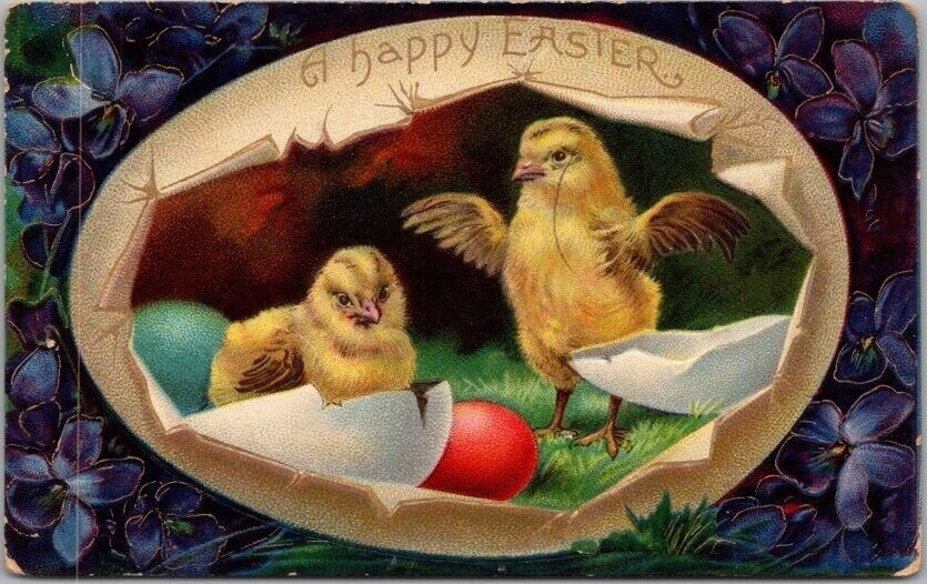 c1910s EASTER Greetings Postcard Baby Chicks / Colorful Eggs / Violet Flowers